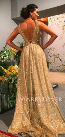 Deep V Neck Golden Sequin Backless A-Line Long Evening Prom Dresses, Cheap Custom Sweet Sharply Prom dresses, MR7276