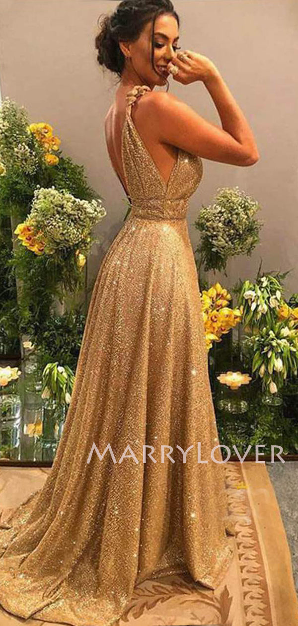 Deep V Neck Golden Sequin Backless A-Line Long Evening Prom Dresses, C MarryLover Deep V Neck Golden Sequin Backless A-Line Long Evening Prom Dresses, C MarryLover