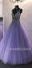 V Neck Purple Tulle Floor Length A-line Long Evening Prom Dresses, MR7281