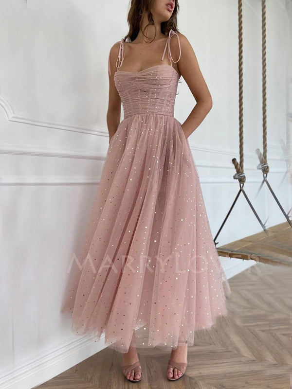 Spaghetti Straps Pink Sharkly Long Evening Prom Dresses, Cheap Custom Homecoming Dresses, MR7287