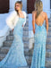 Blue Sparkly Spaghetti Straps Sequin Mermaid Long Backless Evening Prom Dresses, MR7293