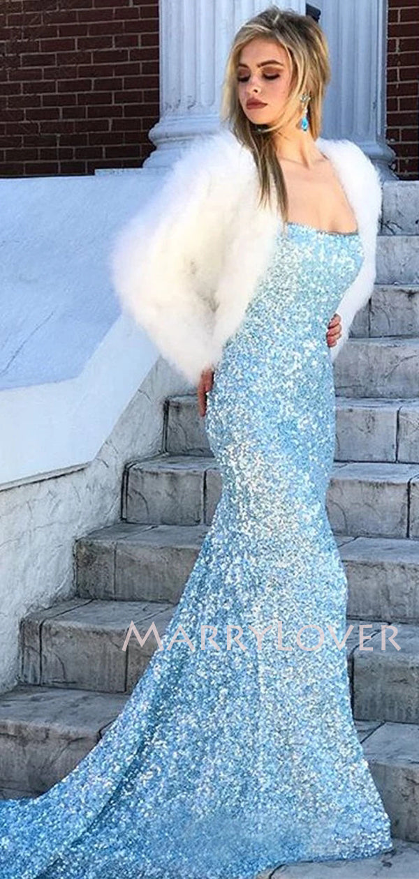 spaghetti strap sequin mermaid dress GL3051 | Lace-up Open Back Sequin Mermaid Long Dress