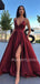 Black Satin Deep V Neck Side Slit Backless Long Evening Prom Dresses, Cheap Custom Backless Prom Dresses, MR7297