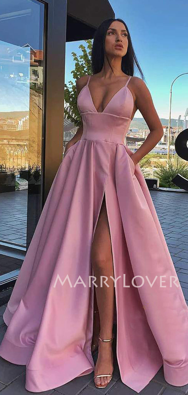 Black Satin Deep V Neck Side Slit Backless Long Evening Prom Dresses, MarryLover Black Satin Deep V Neck Side Slit Backless Long Evening Prom Dresses, MarryLover