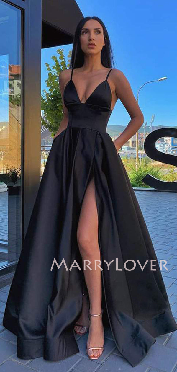 long black prom dresses slit backless Black Long A-line V-neck Satin High Slit Backless Prom Dresses