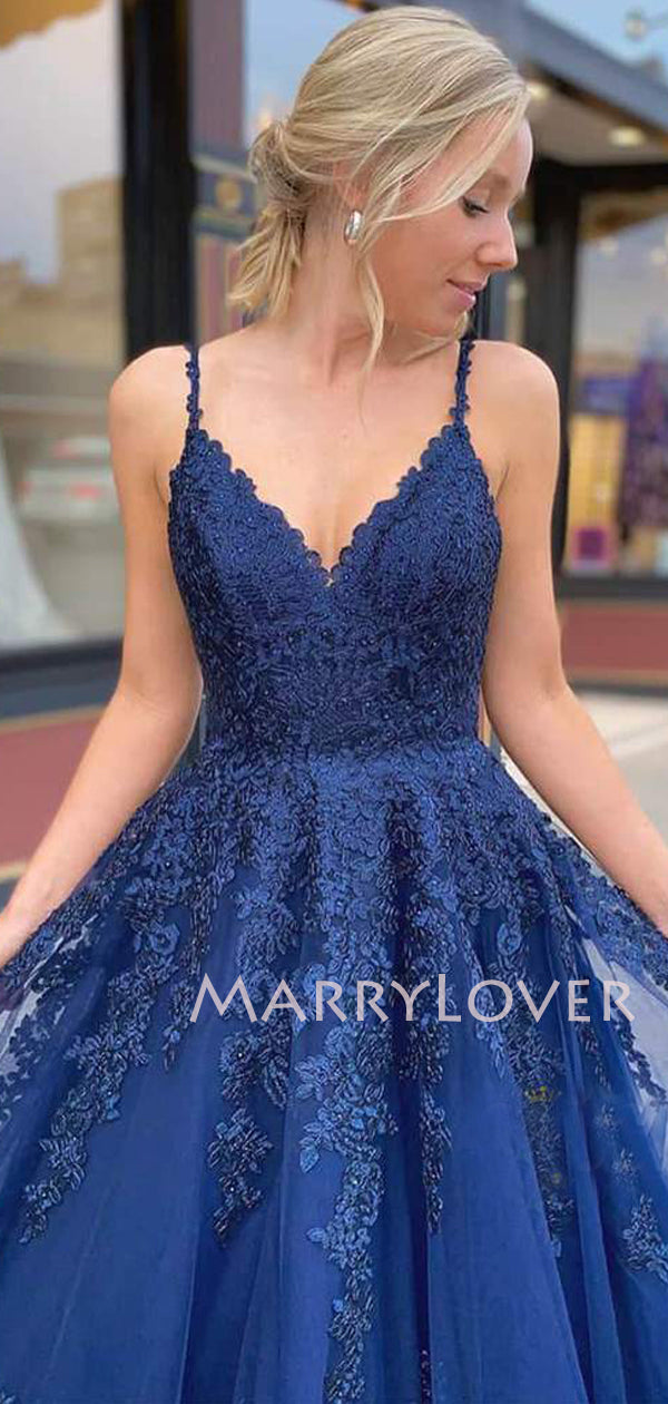 Navy Blue Lace A-line Backless Long Evening Prom Dresses, Cheap Custom MarryLover Navy Blue Lace A-line Backless Long Evening Prom Dresses, Cheap Custom MarryLover