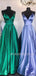 Deep V Neck A-Line Satin Long Evening Prom Dresses, Cheap Custom Backless Prom Dresses, MR7300