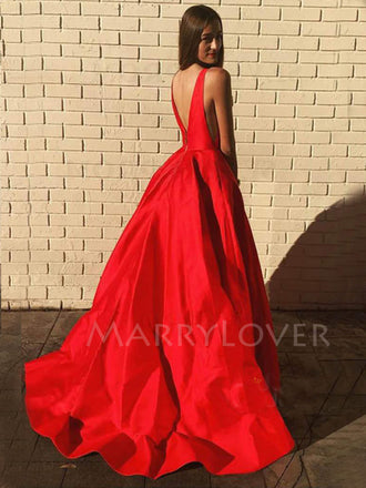 Deep V Neck Red Satin Long V Back Evening Prom Dresses, Cheap Custom prom dresses, MR7301