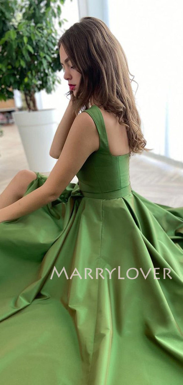 A-Line Green Satin Intermediate slit Long Evening Prom Dresses, Long C MarryLover A-Line Green Satin Intermediate slit Long Evening Prom Dresses, Long C MarryLover