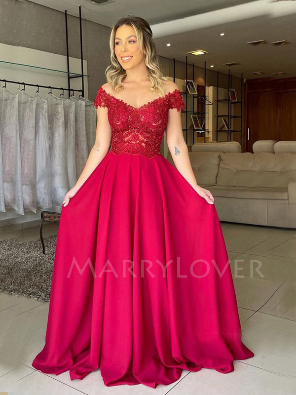V Neck A-Line Off Shoulder Red Satin Long Evening Prom Dresses, MR7313