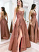 A-Line Side Slit Spaghetti Straps Backless Sparkle Long Evening Prom Dresses, Cheap Custom Prom Dresses,MR7318