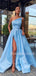 Blue Satin Backless Side Slit A-Line Long Evening Prom Dresses, Cheap Custom Backless Prom Dresses, MR7323