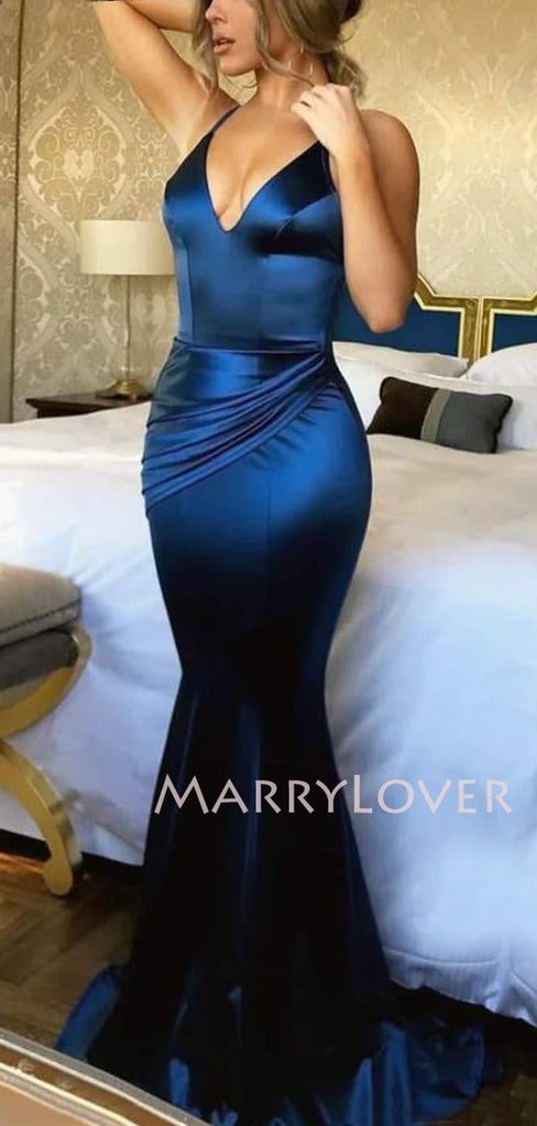 Navy Blue Spaghetti Straps V Neck Mermaid Long Evening Prom Dresses, Cheap Custom Prom Dresses, MR7328