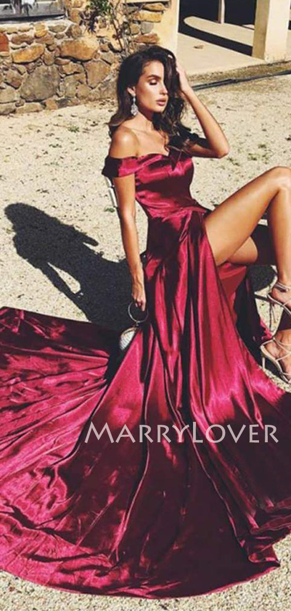 Burgundy Satin Off Shoulder A-line Long Evening Prom Dresses, Cheap Cu MarryLover Burgundy Satin Off Shoulder A-line Long Evening Prom Dresses, Cheap Cu MarryLover