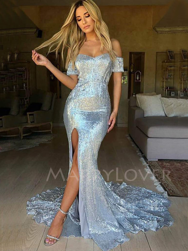 Sliver Sequin Off Shoulder Mermaid Long Side Slit Evening Prom Dresses, MR7336