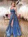 A-Line Spaghetti Straps Blue Sparkle Side Slit Long Evening Prom Dresses, MR7339