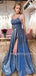 A-Line Spaghetti Straps Blue Sparkle Side Slit Long Evening Prom Dresses, MR7339