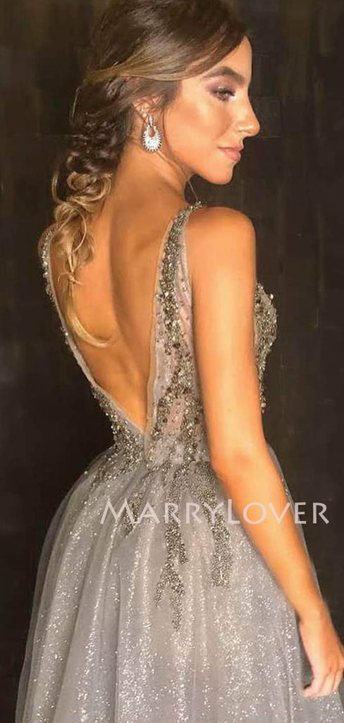 Sliver Grey A-Line Sparkly V Neck Long V Back Evening Prom Dresses, MR7342