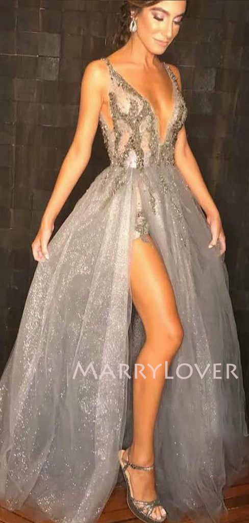 Sliver Grey A-Line Sparkly V Neck Long V Back Evening Prom Dresses, MR7342
