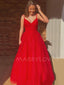 V neck Red Tulle Spaghetti Straps A-Line Long Evening Prom Dresses, MR7345