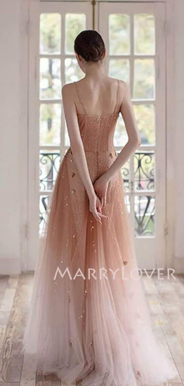 Beaded Straps Tulle A-Line Spaghetti Straps Long Evening Prom Dresses, MarryLover Beaded Straps Tulle A-Line Spaghetti Straps Long Evening Prom Dresses, MarryLover