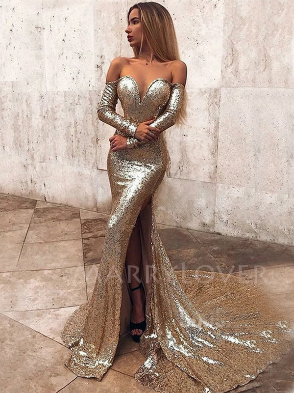 Off Shoulder Golden Sequin Mermaid Side Slit V Neck Long Evening Prom Dresses, Cheap Custom Prom Dresses, MR7348