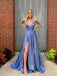 Blue Deep V Neck A-Line Sparkle Side slit Long Evening Prom Dresses, Cheap Custom Prom Dresses,MR7351
