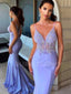 Deep V Neck Blue Mermaid Beaded Backless Long V Back Evening Prom Dresses, Cheap Custom Backless Prom Dresses, MR7354