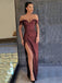 Off Shoulder Burgundy Sequin Side Slit Long Evening Prom Dresses, MR7358