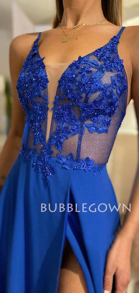 See Throuth Blue Chiffon Deep V Neck Cheap Long Evening Prom Dresses, MR7360