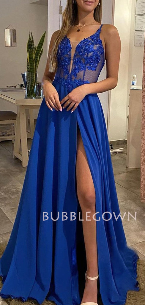 See Throuth Blue Chiffon Deep V Neck Cheap Long Evening Prom Dresses, MR7360