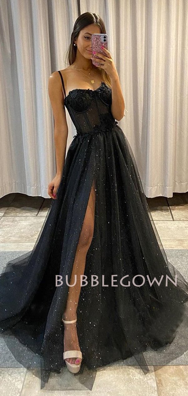 See Throuth Black Tulle A-Line Side slit Long Evening Prom Dresses, Ch MarryLover See Throuth Black Tulle A-Line Side slit Long Evening Prom Dresses, Ch MarryLover