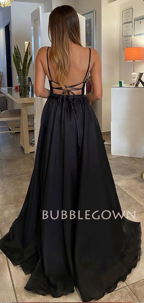 Black Chiffon Deep V Neck Side Slit Cheap Long Evening Prom Dresses, MR7363