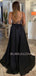 Black Chiffon Deep V Neck Side Slit Cheap Long Evening Prom Dresses, MR7363