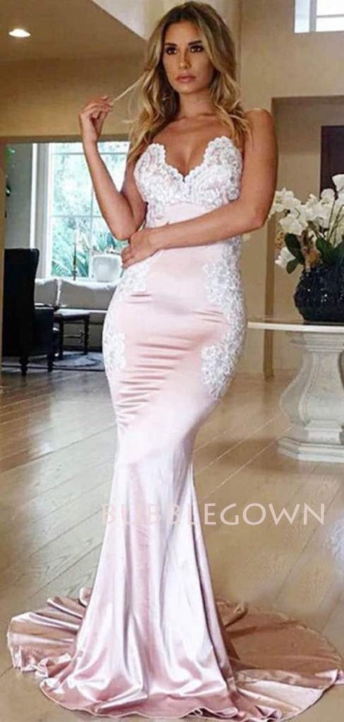 Pink Spaghetti Straps V Neck Mermaid Lace Long Evening Prom Dresses, Cheap Custom Prom Dresses, MR7370
