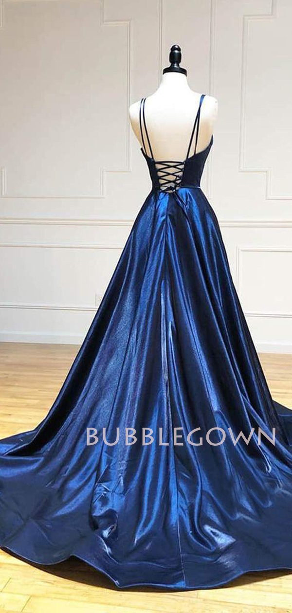 Dark Blue Satin Spaghetti Straps Side Slit Long V Neck Evening Prom Dr MarryLover Dark Blue Satin Spaghetti Straps Side Slit Long V Neck Evening Prom Dr MarryLover