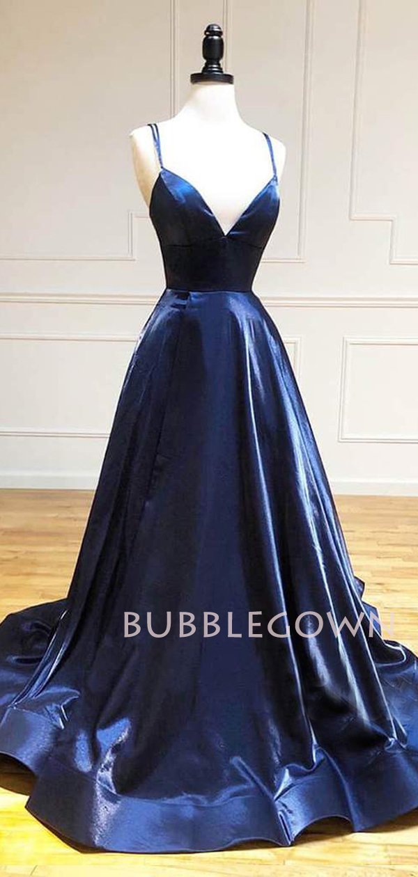 Dark Blue Satin Spaghetti Straps Side Slit Long V Neck Evening Prom Dr MarryLover Dark Blue Satin Spaghetti Straps Side Slit Long V Neck Evening Prom Dr MarryLover