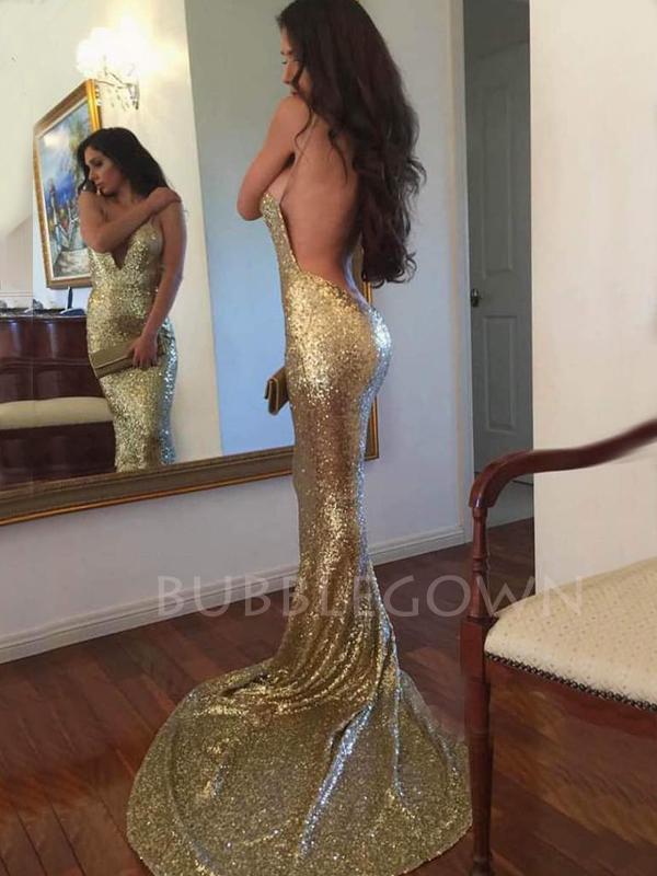 Sexy Gold Sequin Mermaid Spaghetti Straps Long Evening Prom Dresses, Cheap Custom Prom Dresses, MR7384