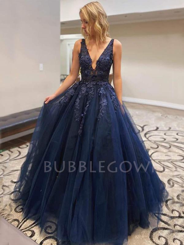 See Throuth V Neck Navy Blue Lace A-line Long Evening Prom Dresses, Cheap Custom V Neck Prom Dress, MR7386