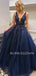 See Throuth V Neck Navy Blue Lace A-line Long Evening Prom Dresses, Cheap Custom V Neck Prom Dress, MR7386