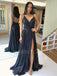 Black V Neck A-Line Sparkle Backless Backless Long Evening Prom Dresses, Cheap Custom Prom Dress, MR7388