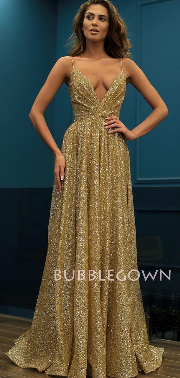 Gold A-Line Spaghetti Straps V Neck Long Evening Prom Dresses, Cheap C – MarryLover