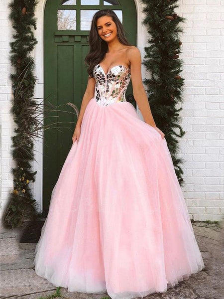strapless open back dress Pink Tulle A-Line Rhinestone Backless Long Evening Prom Dresses, Cheap –  MarryLover