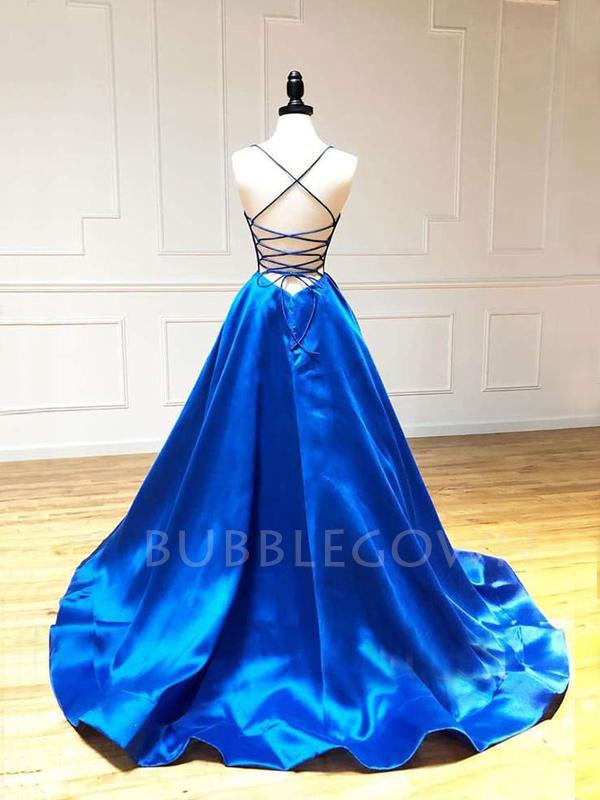 Dark Blue Satin V Neck A-Line Spaghetti Straps Long Backless Evening Prom Dresses, Cheap Custom prom dresses, MR7395