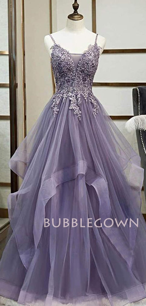 A-line Dusty Purple Tulle Appliques Long Evening Prom Dresses, Cheap Custom V Neck Prom Dress, MR7403