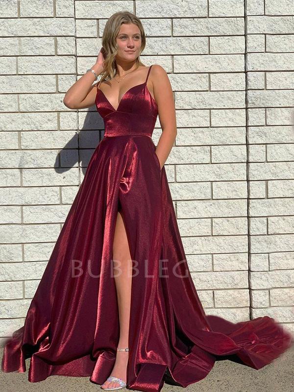 Plunging V-neck High Split Burgundy A-line Long Evening Prom Dresses, MarryLover Plunging V-neck High Split Burgundy A-line Long Evening Prom Dresses, MarryLover