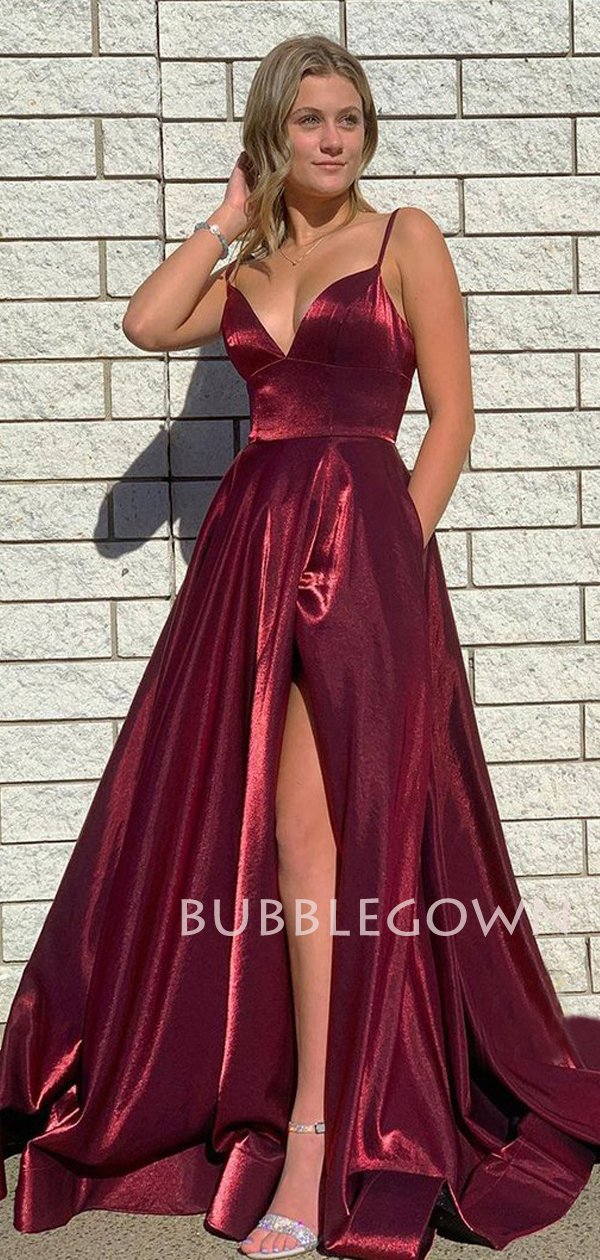 Plunging V-neck High Split Burgundy A-line Long Evening Prom Dresses, MarryLover Plunging V-neck High Split Burgundy A-line Long Evening Prom Dresses, MarryLover
