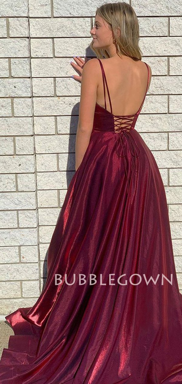 Plunging V-neck High Split Burgundy A-line Long Evening Prom Dresses, MarryLover Plunging V-neck High Split Burgundy A-line Long Evening Prom Dresses, MarryLover
