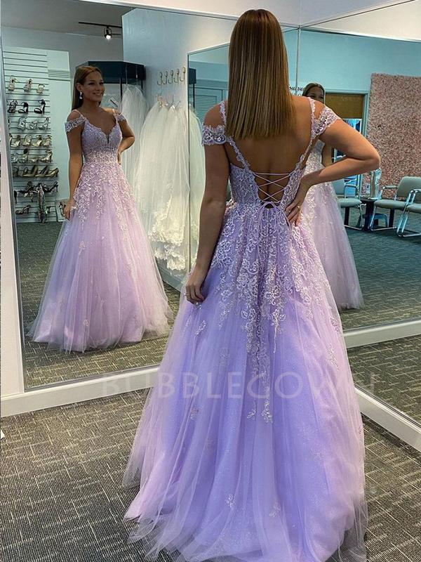 Plunging V-neck Tulle Appliques Lilac Tulle Lace Long Evening Prom Dresses, Cheap Custom V Neck Prom Dress, MR7407