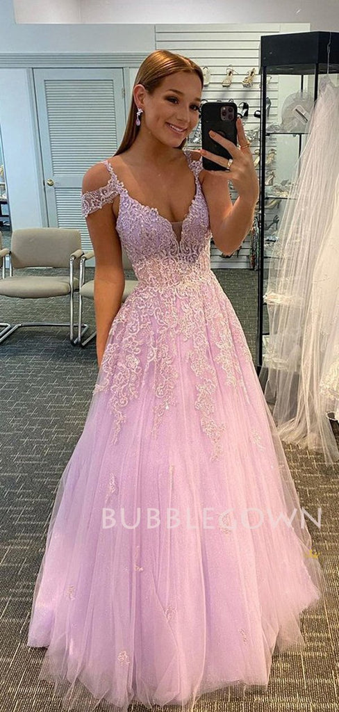 Plunging V-neck Tulle Appliques Lilac Tulle Lace Long Evening Prom Dresses, Cheap Custom V Neck Prom Dress, MR7407